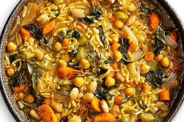 Lemon Kale Orzo Soup with Chickpeas and White Beans